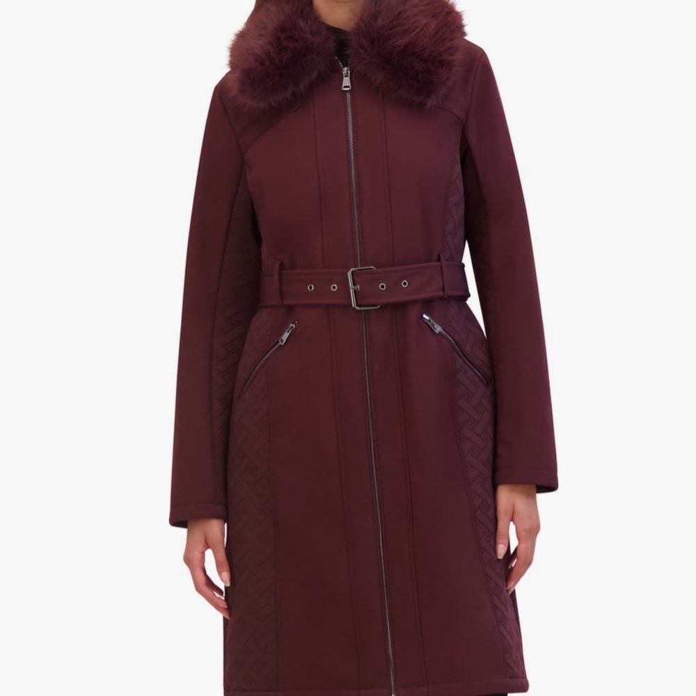 Kenneth Cole Softshell Women's Coat with Faux Fur Collar and Belt